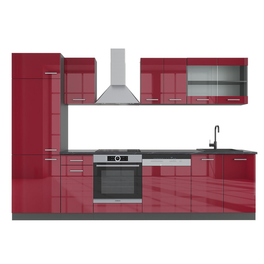 VICCO K&Uuml;CHE R-LINE 300 CM K&Uuml;CHENZEILE K&Uuml;CHENBLOCK EINBAUK&Uuml;CHE ANTHRAZIT BORDEAUX HOCHGLANZ - Bild 1