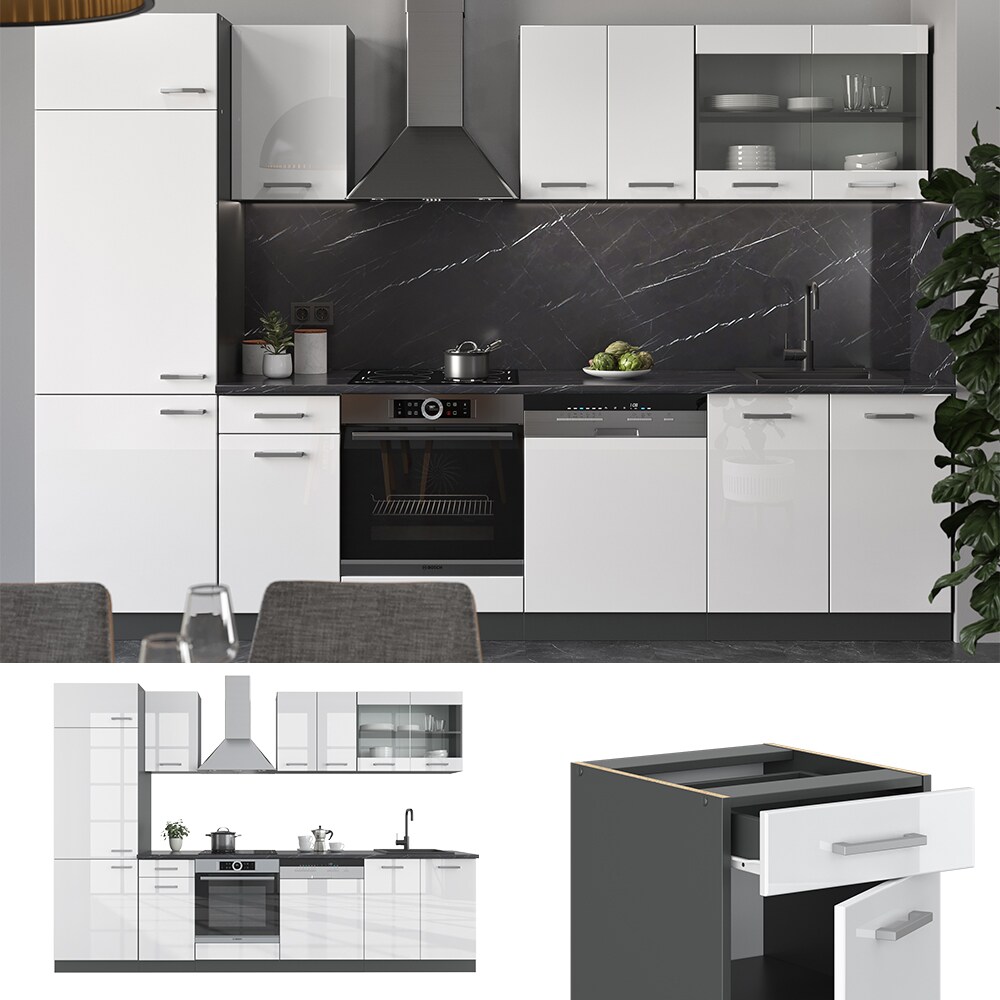 VICCO KÜCHE R-LINE 300 CM KÜCHENZEILE KÜCHENBLOCK EINBAUKÜCHE ANTHRAZIT WEISS HOCHGLANZ