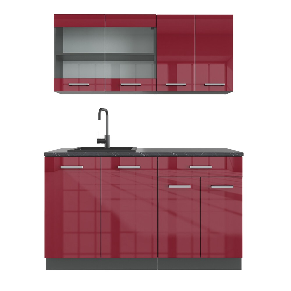 VICCO Küchenzeile R-LINE SINGLE Einbauküche 140 cm Küche Küchenblock Singleküche Anthrazit Bordeaux Hochglanz