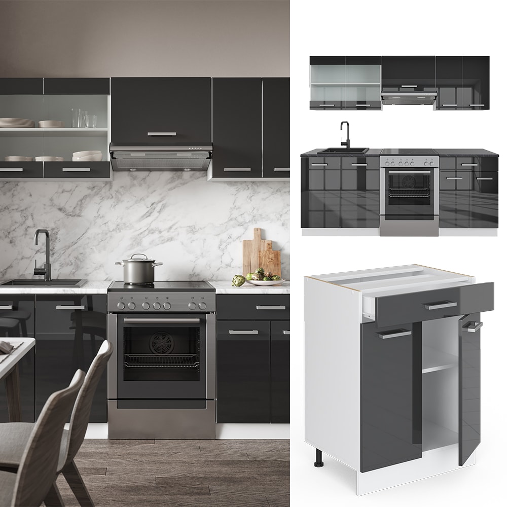 Vicco K&Uuml;CHE R-LINE 200CM K&Uuml;CHENZEILE K&Uuml;CHENBLOCK EINBAU Anthrazit Hochglanz - Bild 1
