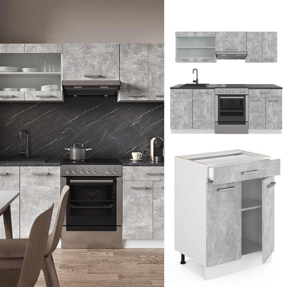 Vicco KÜCHE R-LINE 200CM KÜCHENZEILE KÜCHENBLOCK EINBAU Beton
