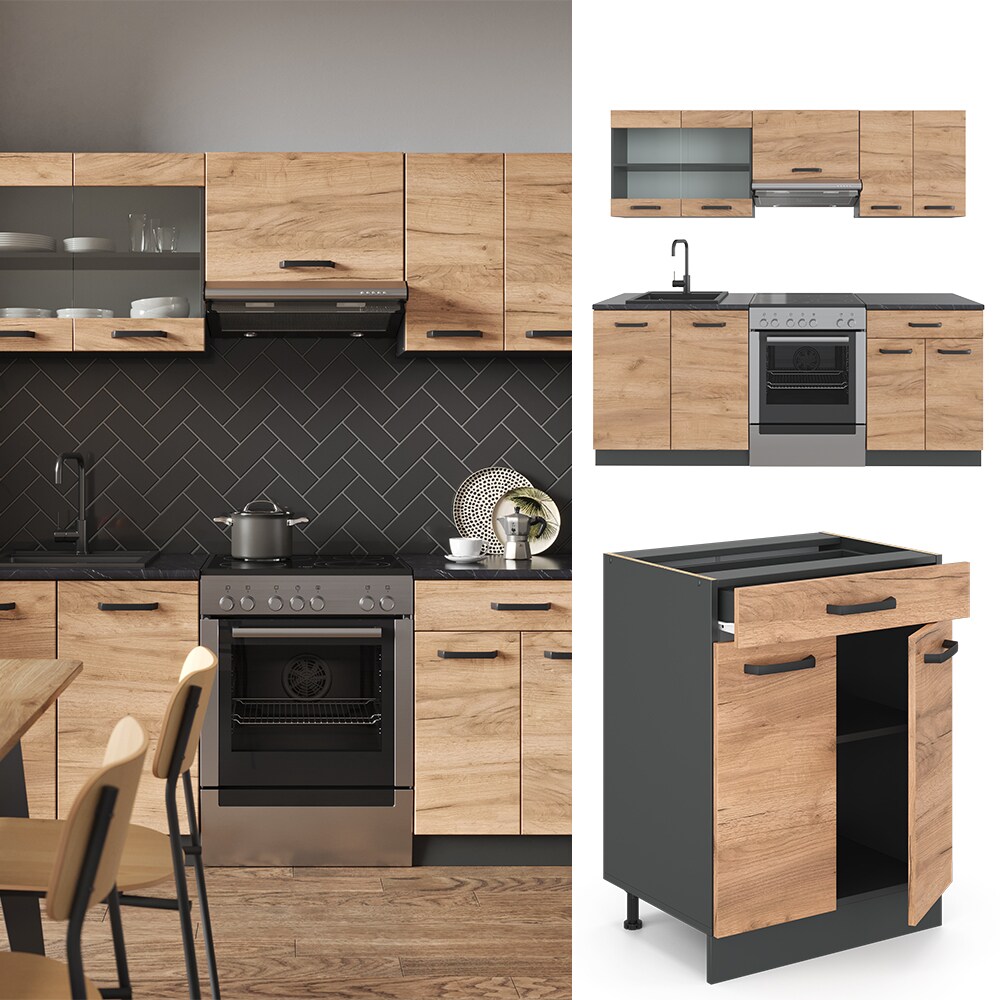 Vicco K&Uuml;CHE R-LINE 200CM K&Uuml;CHENZEILE K&Uuml;CHENBLOCK EINBAU Anthrazit Eiche - Bild 1