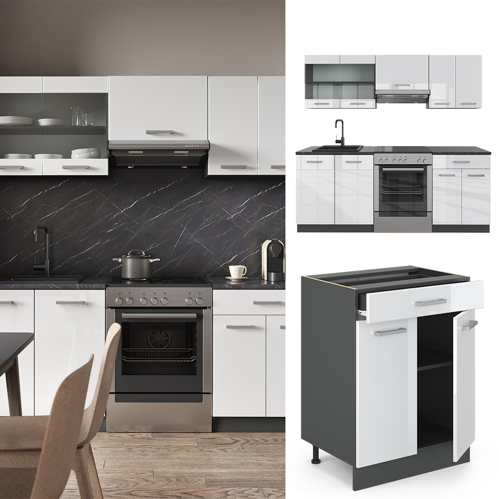 Vicco K&Uuml;CHE R-LINE 200CM K&Uuml;CHENZEILE K&Uuml;CHENBLOCK EINBAU Anthrazit Wei&szlig; Hochglanz - Bild 1