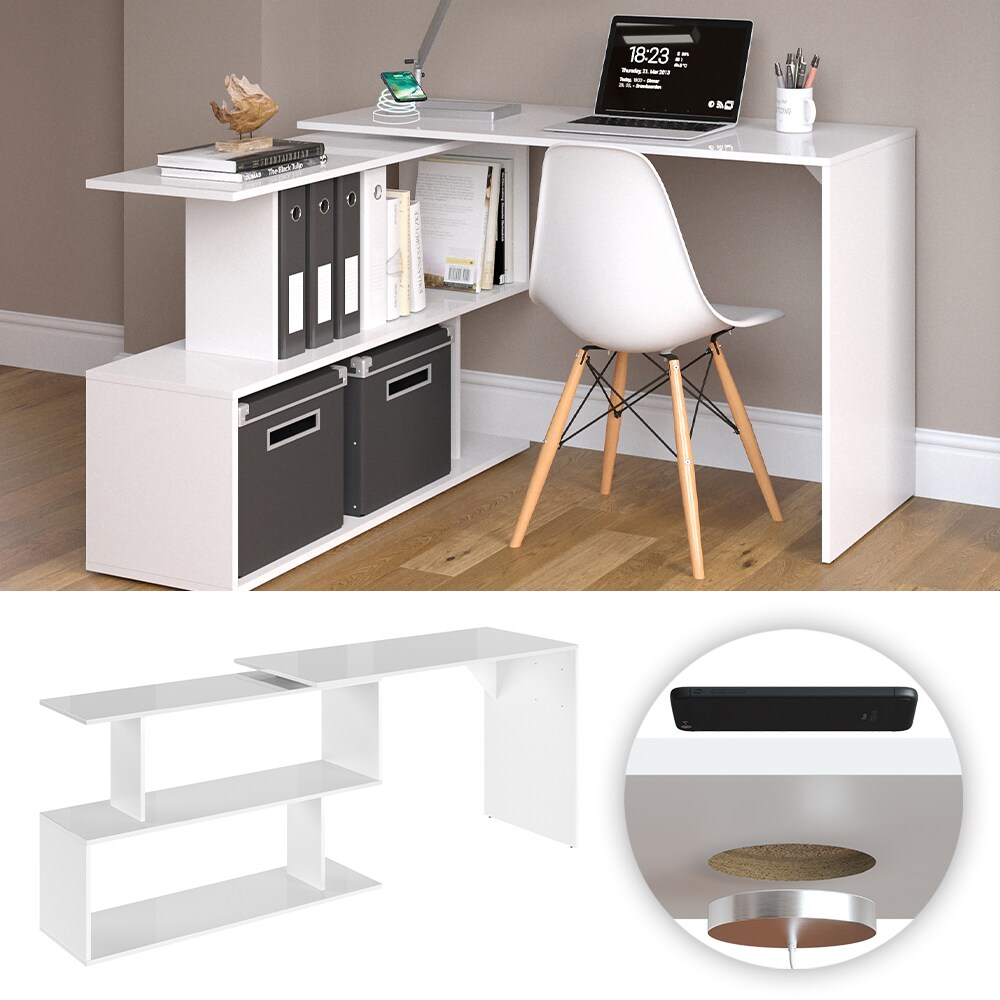 Vicco Eckschreibtisch Schreibtisch B&uuml;rotisch Levia QI Ladestation kabellos Laden Wei&szlig; Hochglanz - Bild 1