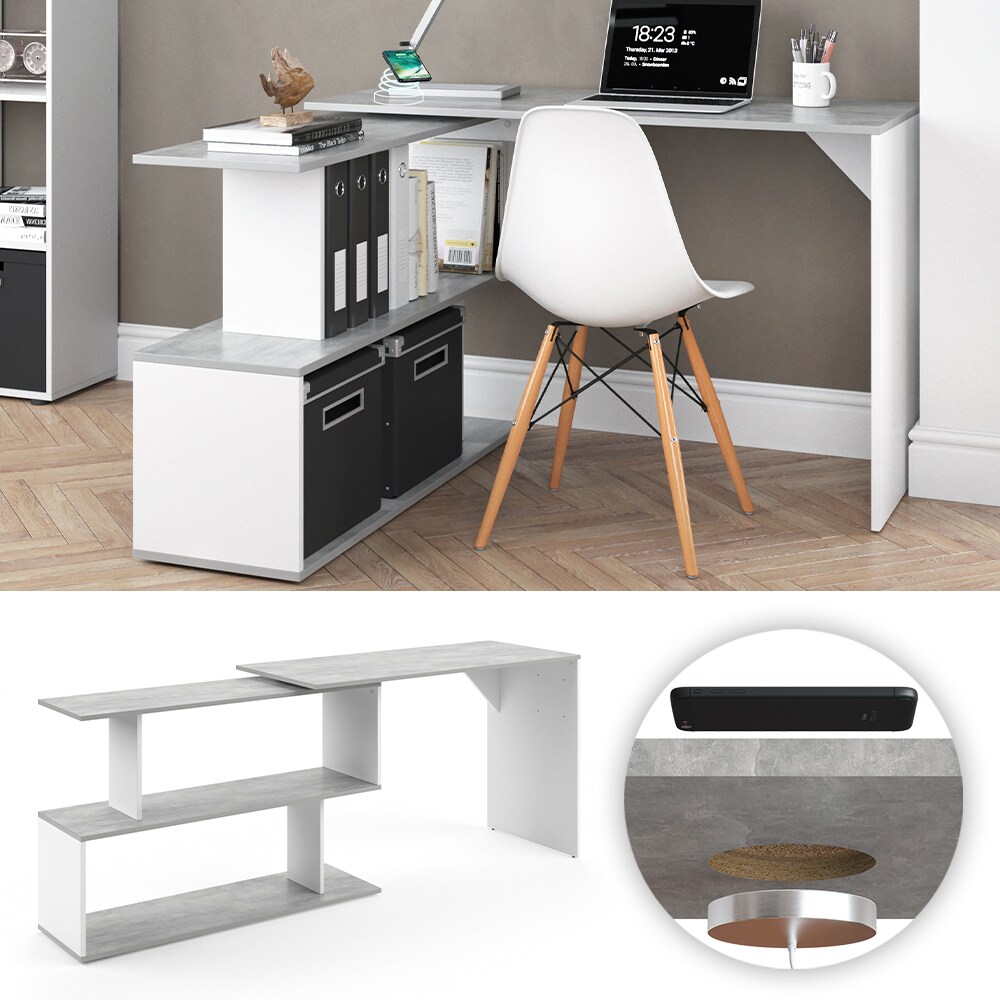 Vicco Eckschreibtisch Schreibtisch B&uuml;rotisch Levia QI Ladestation kabellos Laden Beton Wei&szlig; - Bild 1