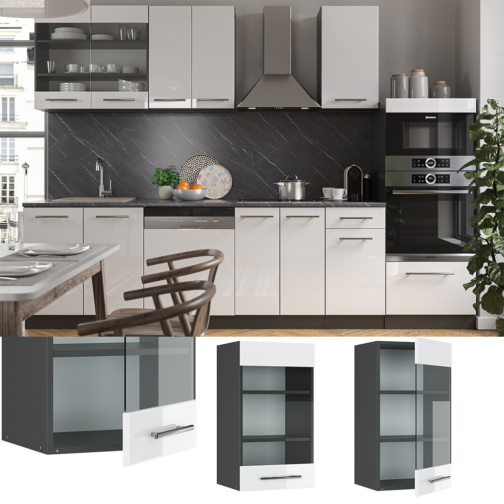 VICCO Hängeglasschrank 40 cm Weiß Hochglanz Küchenschrank Hängeschrank Küchenzeile Fame-Line