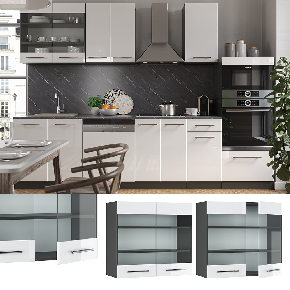 VICCO H&auml;ngeglasschrank 80 cm Wei&szlig; Hochglanz K&uuml;chenschrank H&auml;ngeschrank K&uuml;chenzeile Fame-Line - Bild 1