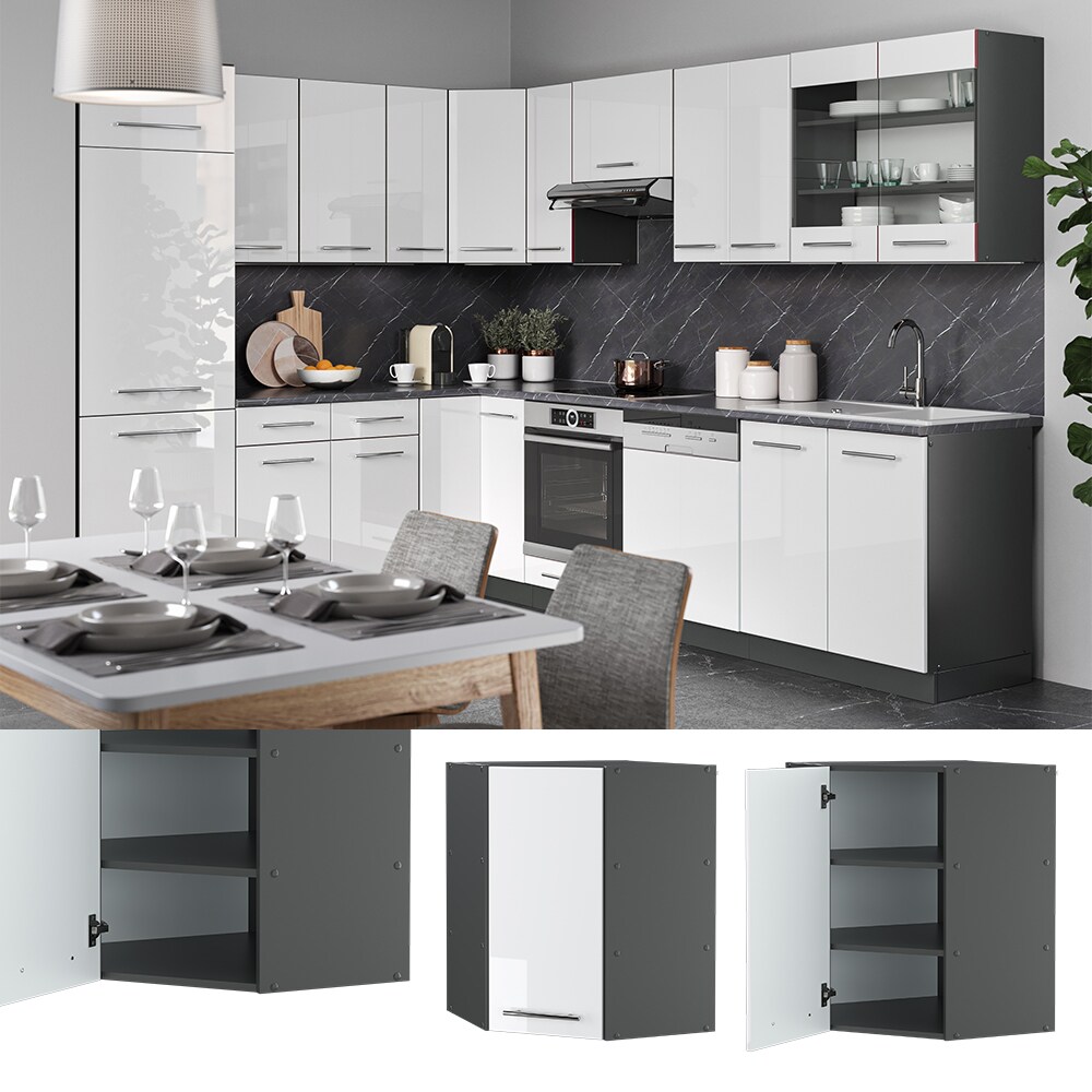 VICCO Eck H&auml;ngeschrank 57 cm Wei&szlig; Hochglanz K&uuml;chenschrank H&auml;ngeschrank K&uuml;chenzeile Fame-Line - Bild 1