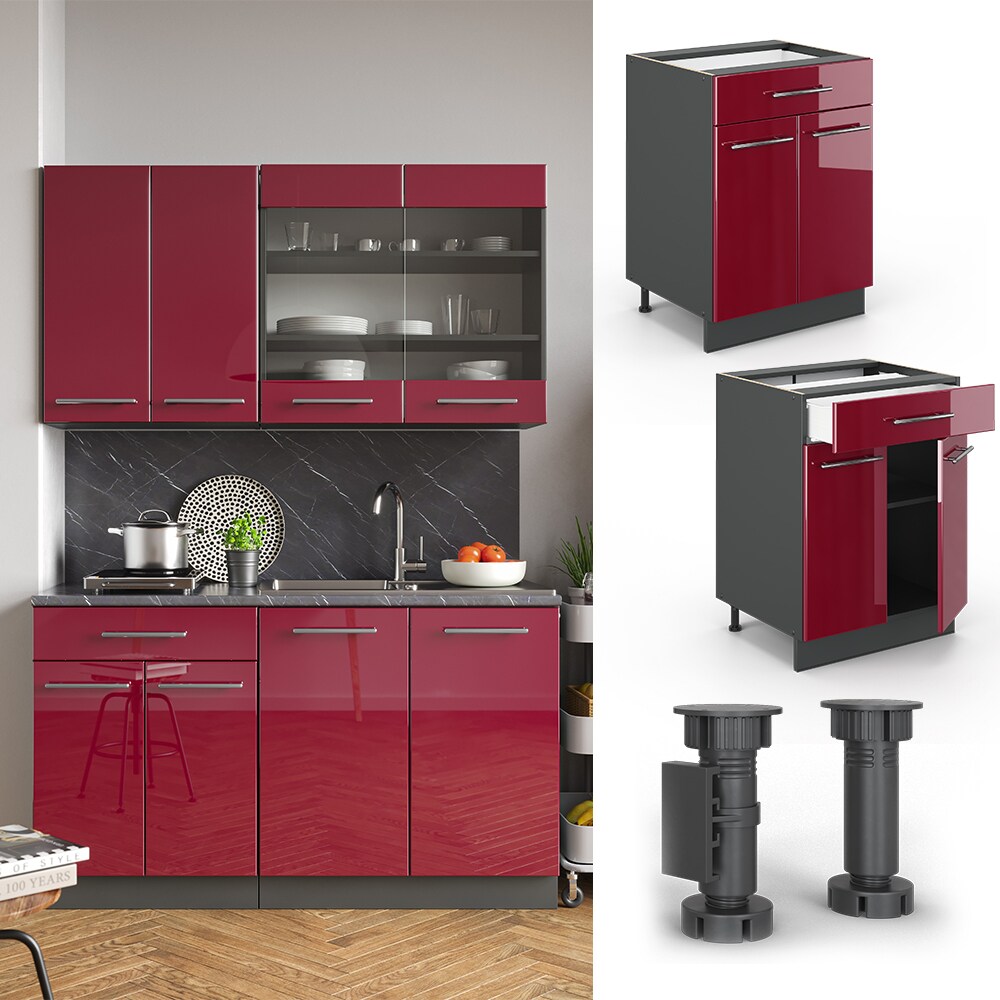 VICCO Schubunterschrank 60 cm Bordeaux Hochglanz Küchenschrank Hängeschrank Küchenzeile Fame-Line