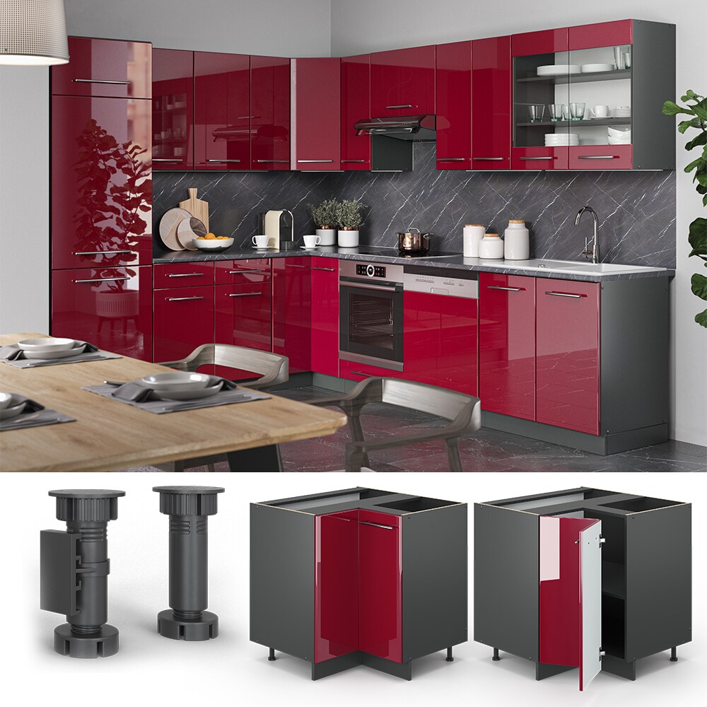 VICCO Eckunterschrank 87 cm Bordeaux Hochglanz Küchenschrank Hängeschrank Küchenzeile Fame-Line