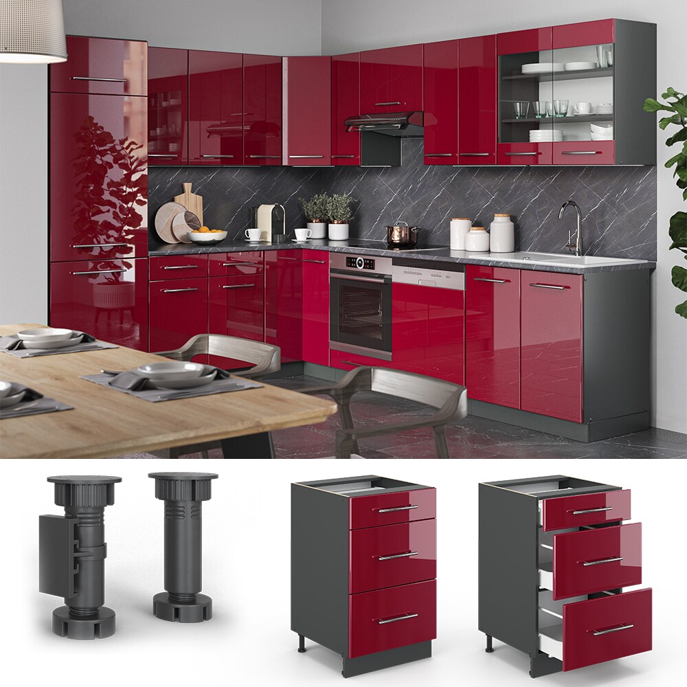 VICCO Schubunterschrank 50 cm Bordeaux Hochglanz K&uuml;chenschrank H&auml;ngeschrank K&uuml;chenzeile Fame-Line - Bild 1