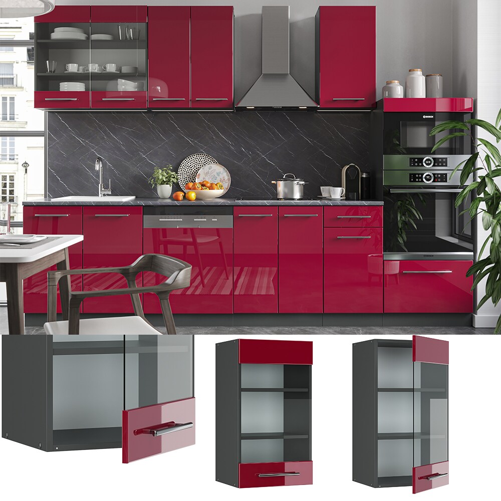 VICCO Hängeglasschrank 40 cm Bordeaux Hochglanz Küchenschrank Hängeschrank Küchenzeile Fame-Line