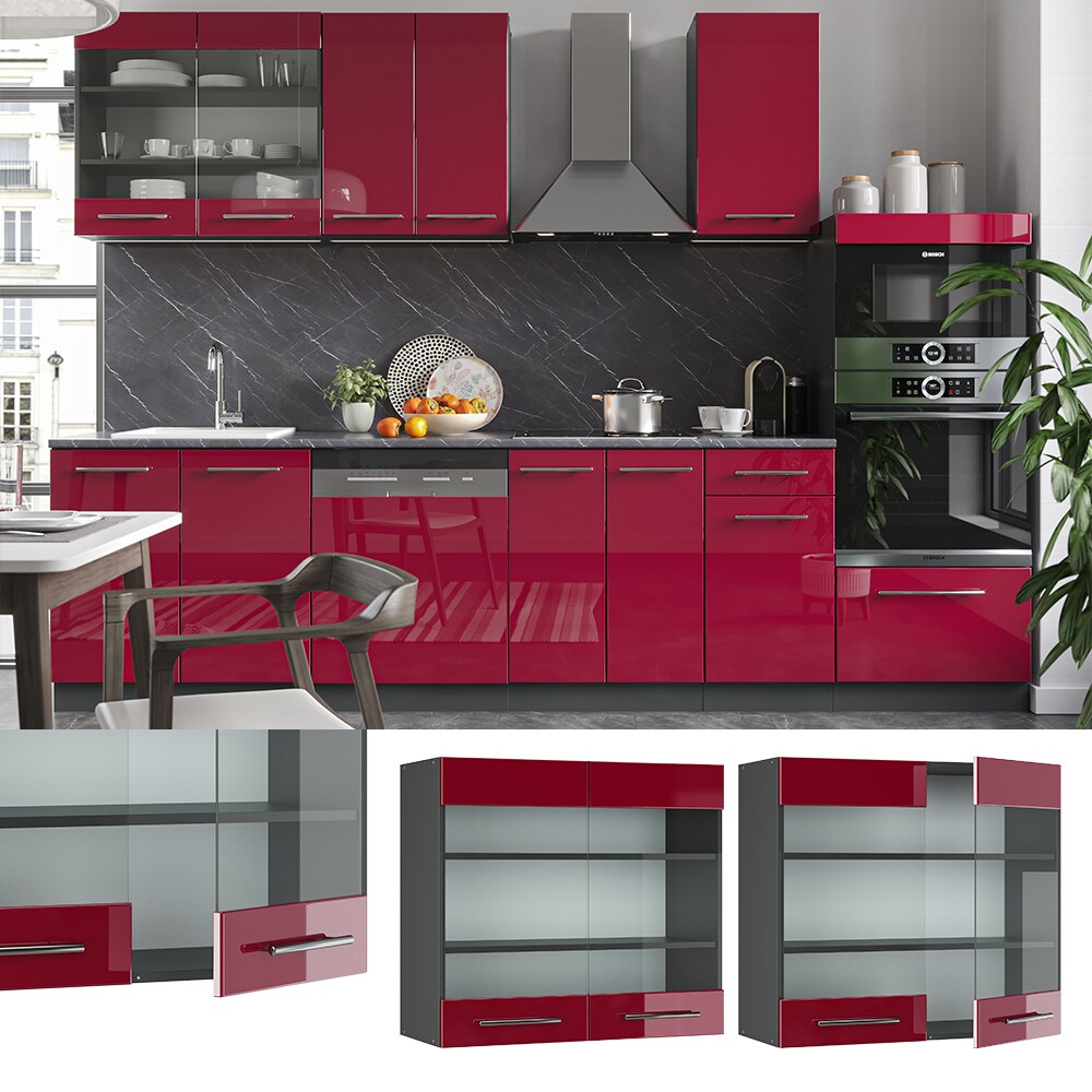 VICCO Hängeglasschrank 80 cm Bordeaux Hochglanz Küchenschrank Hängeschrank Küchenzeile Fame-Line
