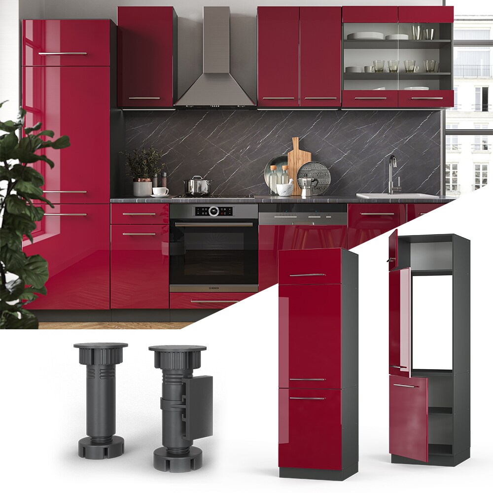 VICCO K&uuml;hlumbauschrank 60 cm Bordeaux Hochglanz K&uuml;chenschrank Hochschrank K&uuml;chenzeile Fame-Line - Bild 1