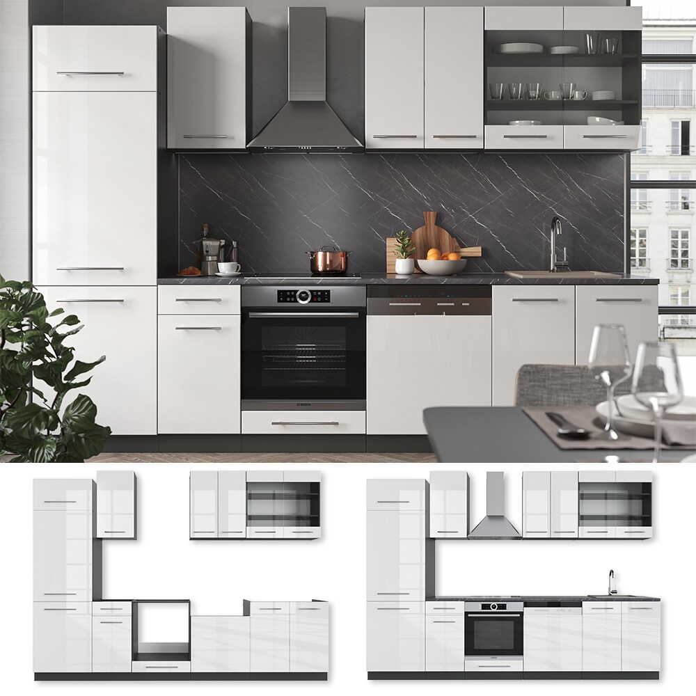 Vicco K&uuml;che Fame-Line 300 cm K&uuml;chenzeile K&uuml;chenblock Einbau Wei&szlig; Hochglanz - Bild 1