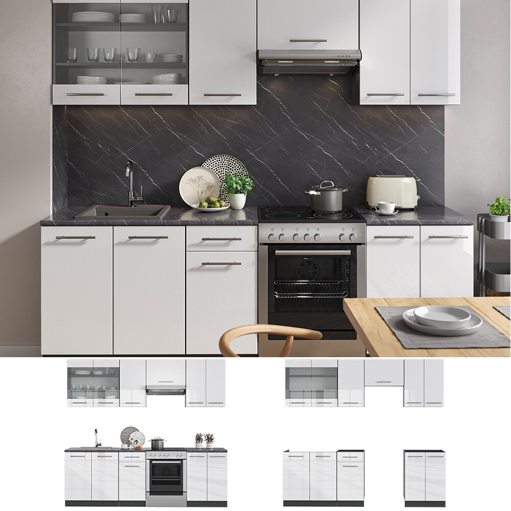 VICCO K&uuml;che Fame-Line K&uuml;chenzeile K&uuml;chenblock Einbauk&uuml;che 240cm Wei&szlig; Hochglanz - Bild 1