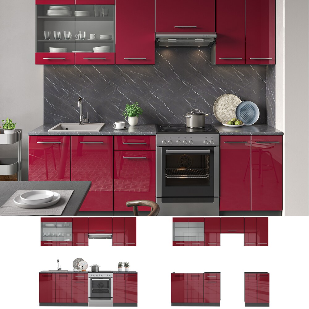 VICCO K&uuml;che Fame-Line K&uuml;chenzeile K&uuml;chenblock Einbauk&uuml;che 240cm Bordeaux Hochglanz - Bild 1