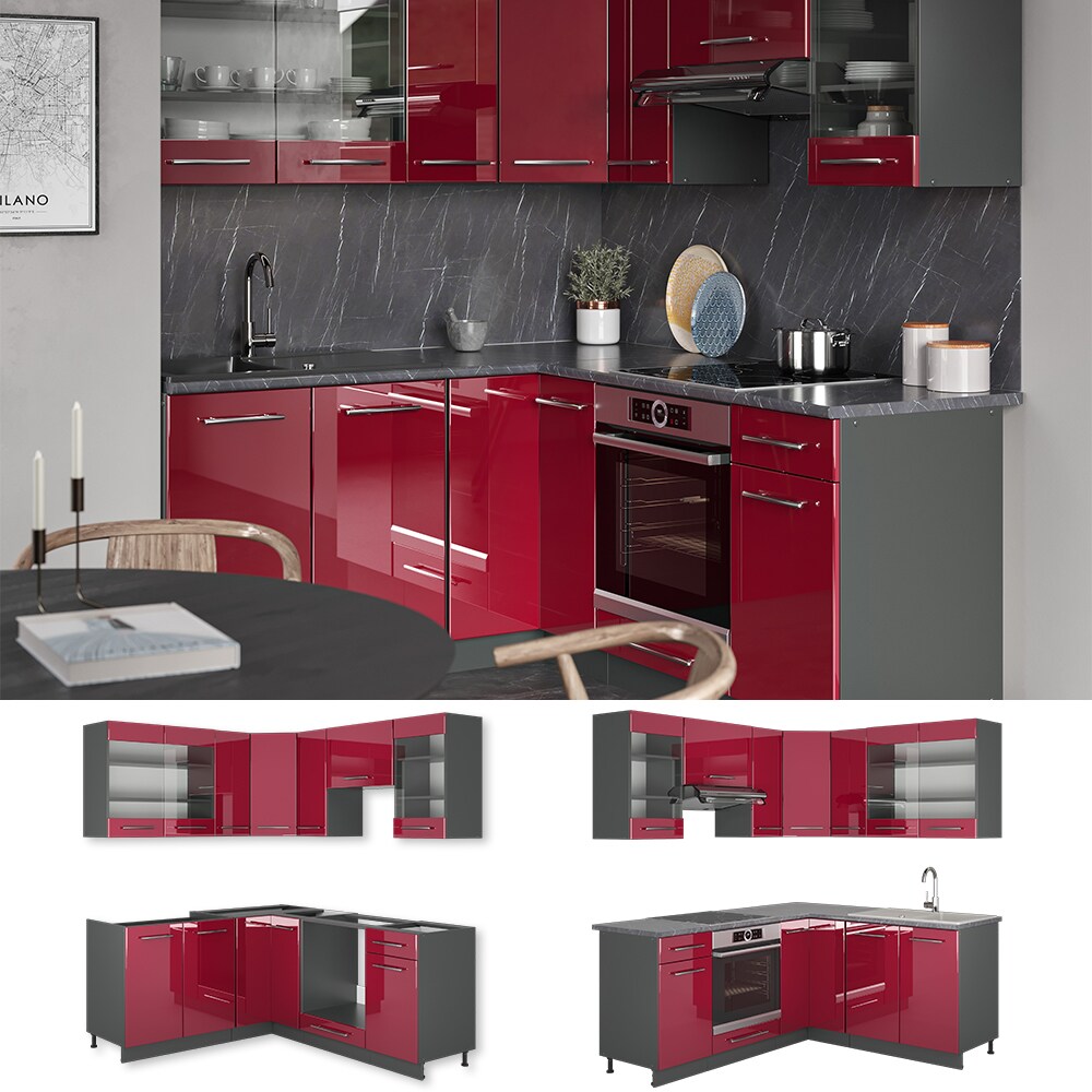 Vicco Eckküche Fame-LINE Küchenzeile Küche 190cm Bordeaux Hochglanz