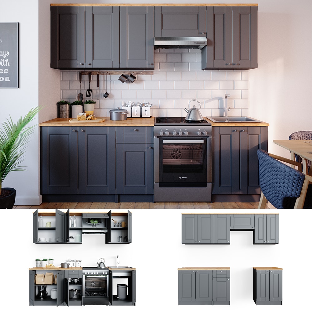 VICCO K&uuml;chenzeile Bergamo 240cm Landhaus K&uuml;che Einbauk&uuml;che K&uuml;chenblock grau - Bild 1