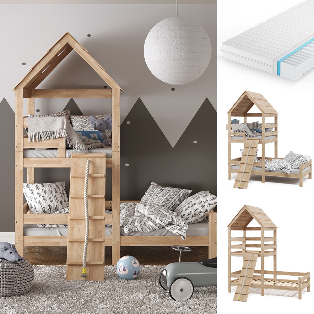 VitaliSpa Kinderbett Teddy 90x200cm mit Matratze Spielbett Jugendbett Spielturm Natur - Bild 1