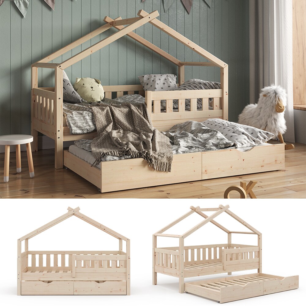 VitaliSpa Design Kinderbett 160x80 Babybett Hausbett Gästebett Lattenrost natur