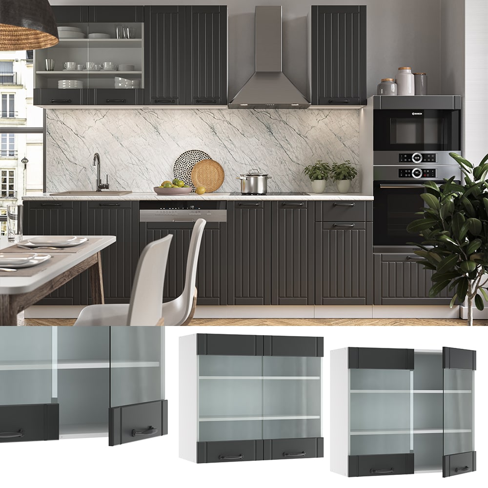 Vicco H&auml;ngeglasschrank 80 cm FAME Line K&uuml;chenschrank K&uuml;chenzeile Landhaus Anthrazit - Bild 1