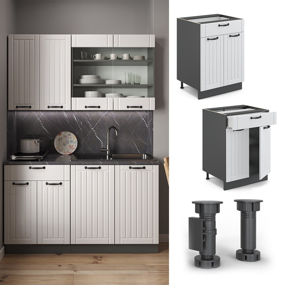 Vicco Schubunterschrank 60 cm FAME Line K&uuml;chenschrank K&uuml;chenzeile Landhaus Wei&szlig; Anthrazit - Bild 1