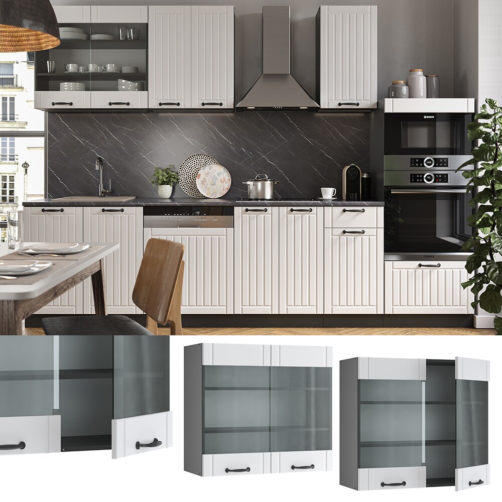 Vicco H&auml;ngeglasschrank 80 cm FAME Line K&uuml;chenschrank K&uuml;chenzeile Landhaus Wei&szlig; Anthrazit - Bild 1