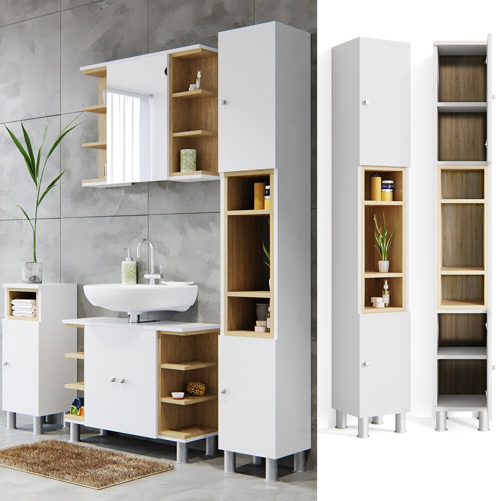 Vicco Badschrank Aquis Badezimmerschrank Hochschrank Bad Schrank Eiche Weiß
