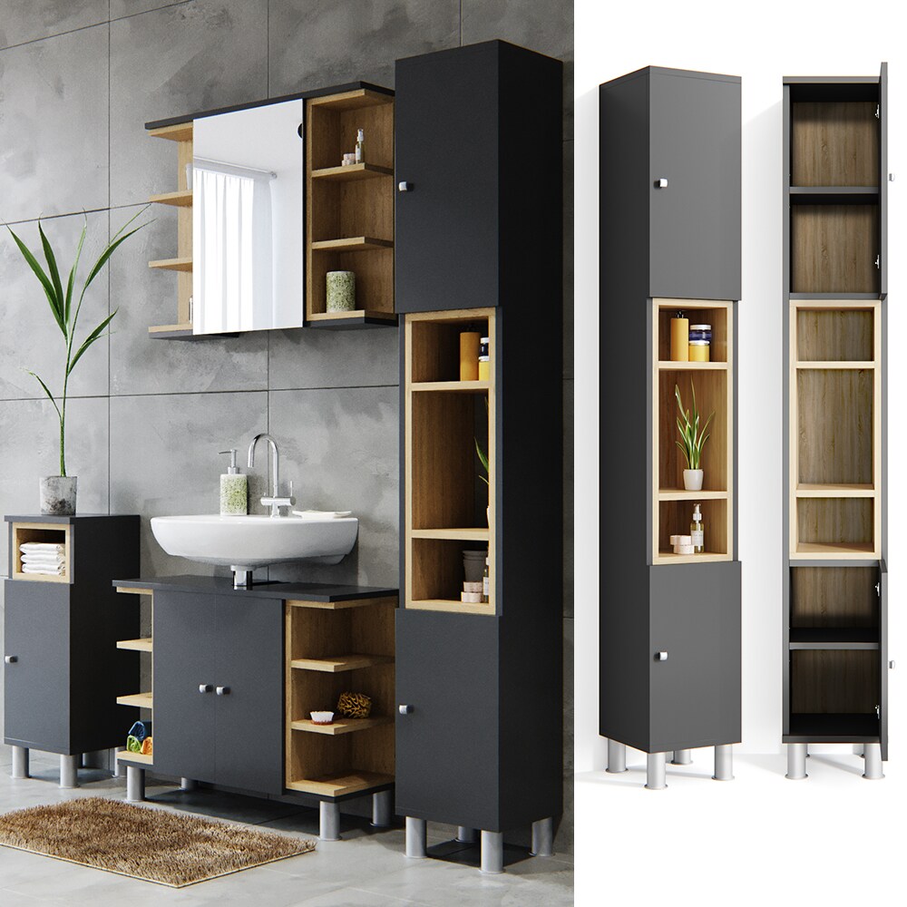 Vicco Badschrank Aquis Badezimmerschrank Hochschrank Bad Schrank Eiche Anthrazit - Bild 1