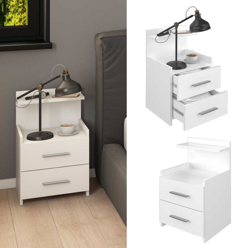 Vicco Nachttisch Beistelltisch Nachtschrank Alpin wei&szlig; Nachtkommode 2 Schubladen - Bild 1