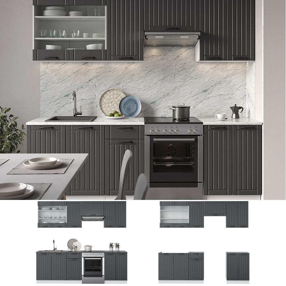 Vicco Küche Fame-Line 240 cm Küchenzeile Landhaus Küchenblock Einbau Anthrazit