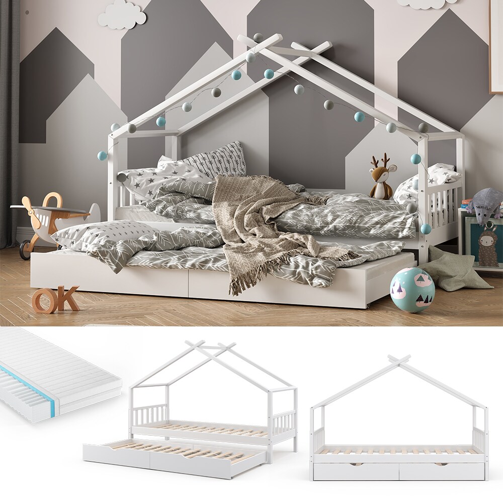 VITALISPA Kinderbett DESIGN Hausbett Gästebett Lattenrost weiß 90x200 Matratze