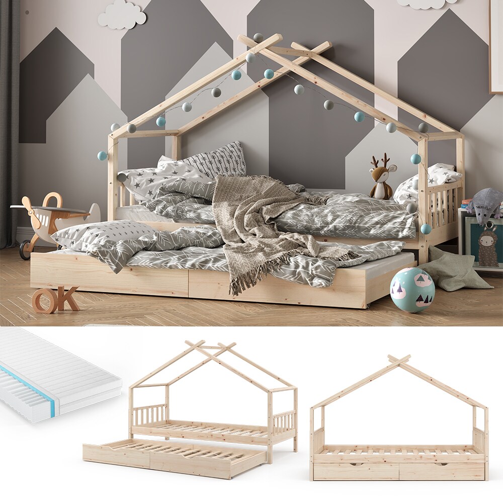 VITALISPA Kinderbett DESIGN Hausbett Gästebett Lattenrost Natur 90x200 Matratze
