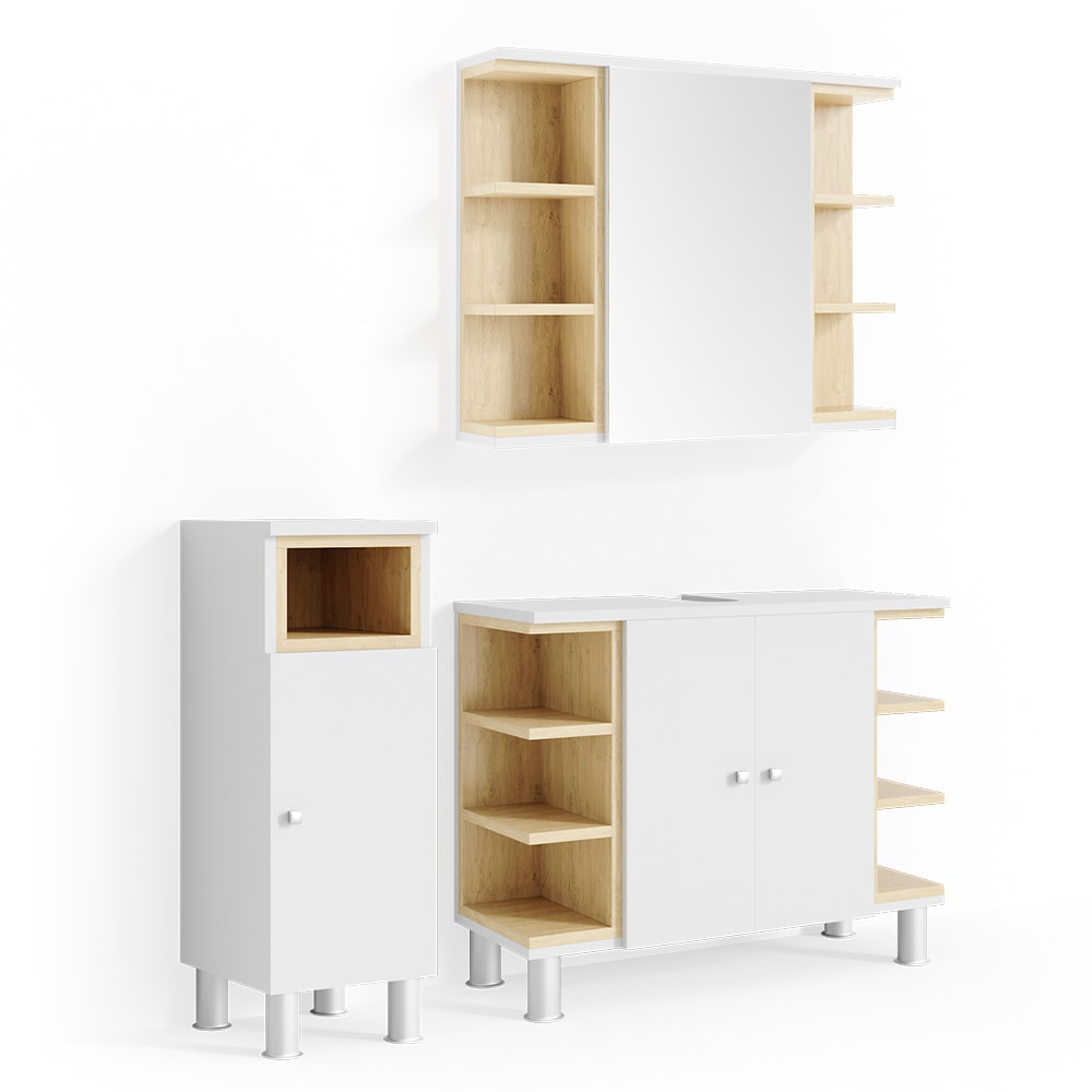 Vicco Badm&ouml;bel Set AQUIS Wei&szlig; Eiche Spiegel Waschtisch Unterschrank Midischrank - Bild 1