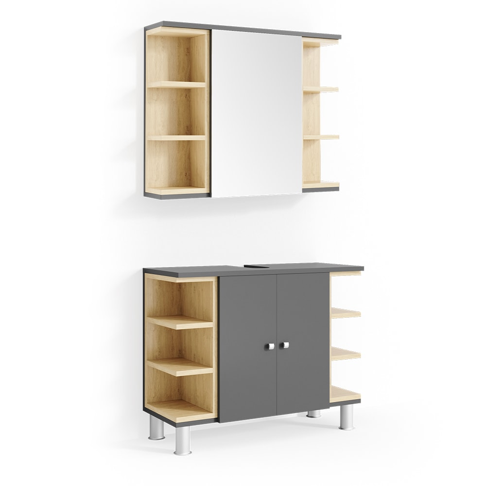 Vicco Badm&ouml;bel Set AQUIS Anthrazit Spiegel Waschtisch Unterschrank Badezimmer - Bild 1