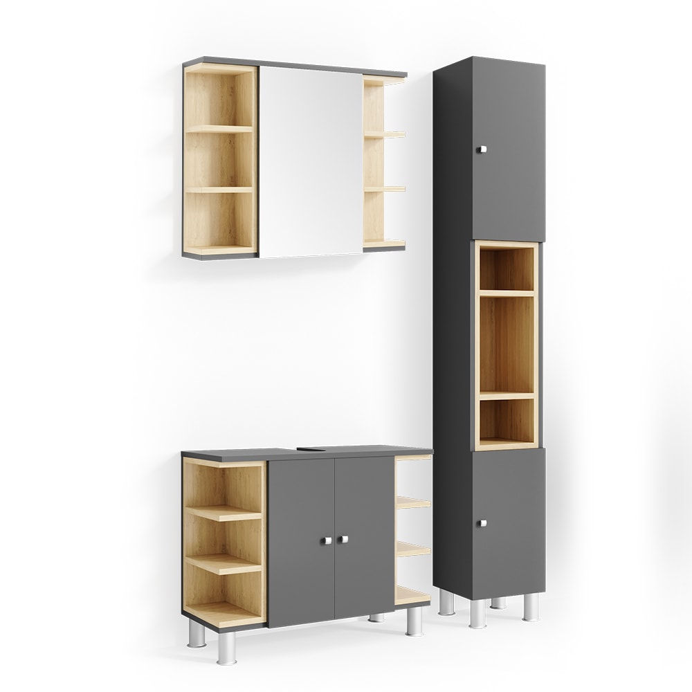 Vicco Badm&ouml;bel Set AQUIS Anthrazit Spiegel Waschtisch Unterschrank Hochschrank - Bild 1