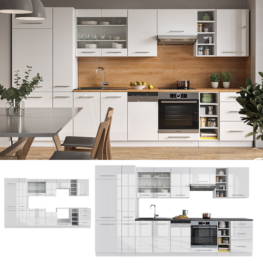 Vicco Küchenzeile Küchenblock Einbauküche 355cm Fame-Line Weiß Hochglanz