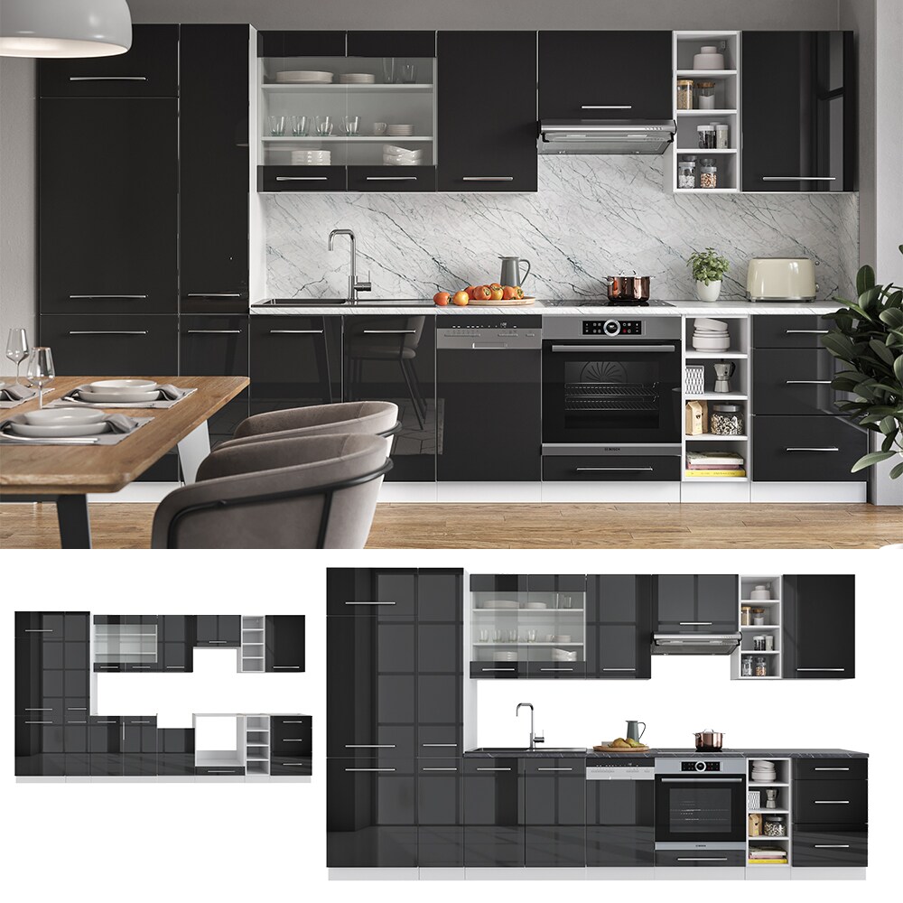 Vicco Küchenzeile Küchenblock Einbauküche 355cm Fame-Line Anthrazit Hochglanz