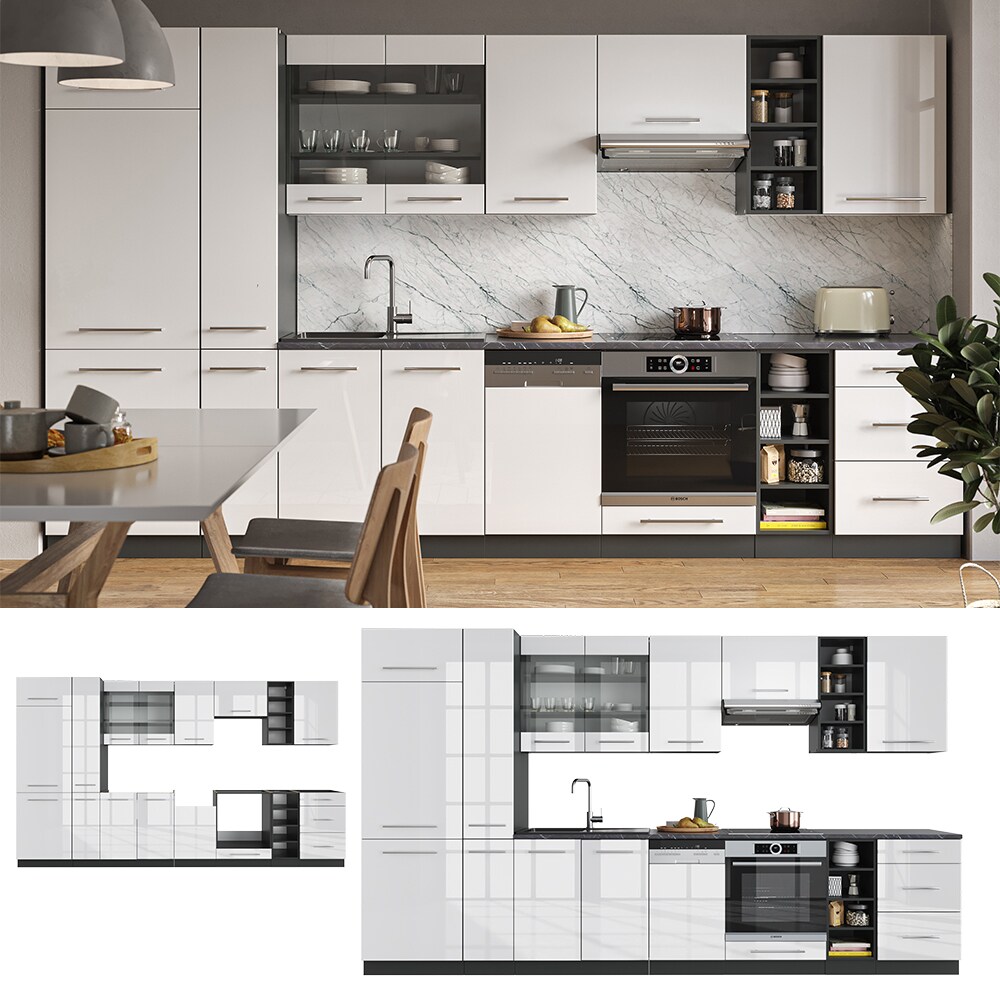 Vicco Küchenzeile Küchenblock Einbauküche 355cm Fame-Line Weiß Hochglanz
