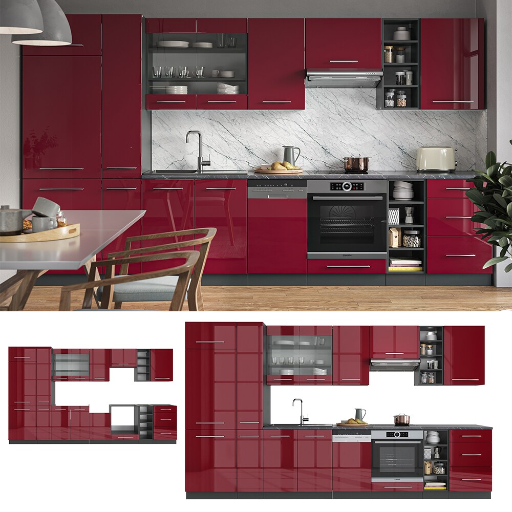 Vicco Küchenzeile Küchenblock Einbauküche 355cm Fame-Line Bordeaux Hochglanz