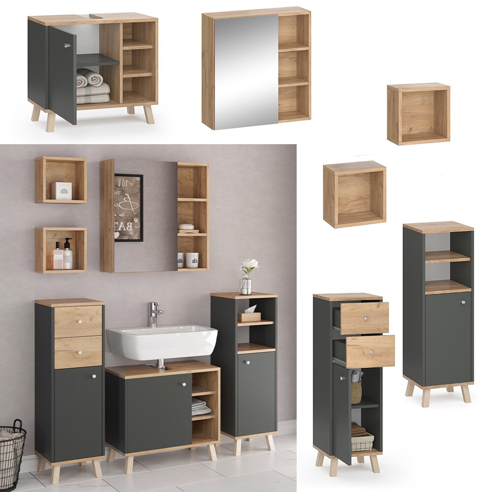 Vicco Badm&ouml;belset Midischrank Waschtischunterschrank Spiegelschrank Senyo GK/ANT - Bild 1