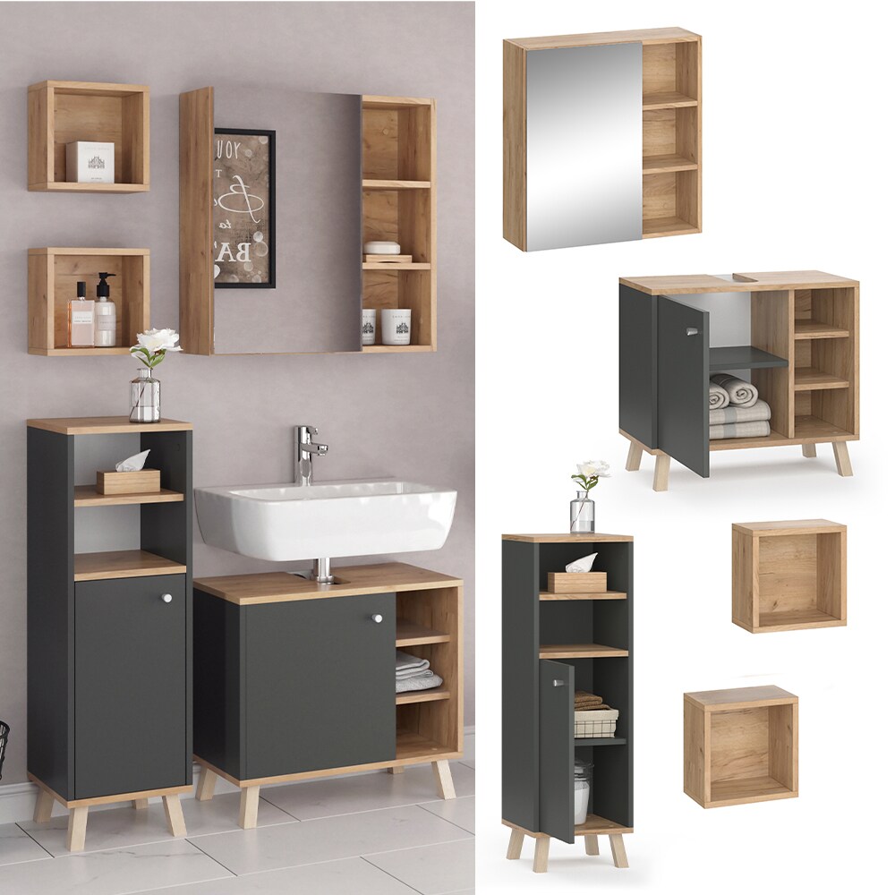 Vicco Badm&ouml;belset Midischrank Waschtischunterschrank Spiegelschrank Senyo GK/ANT - Bild 1