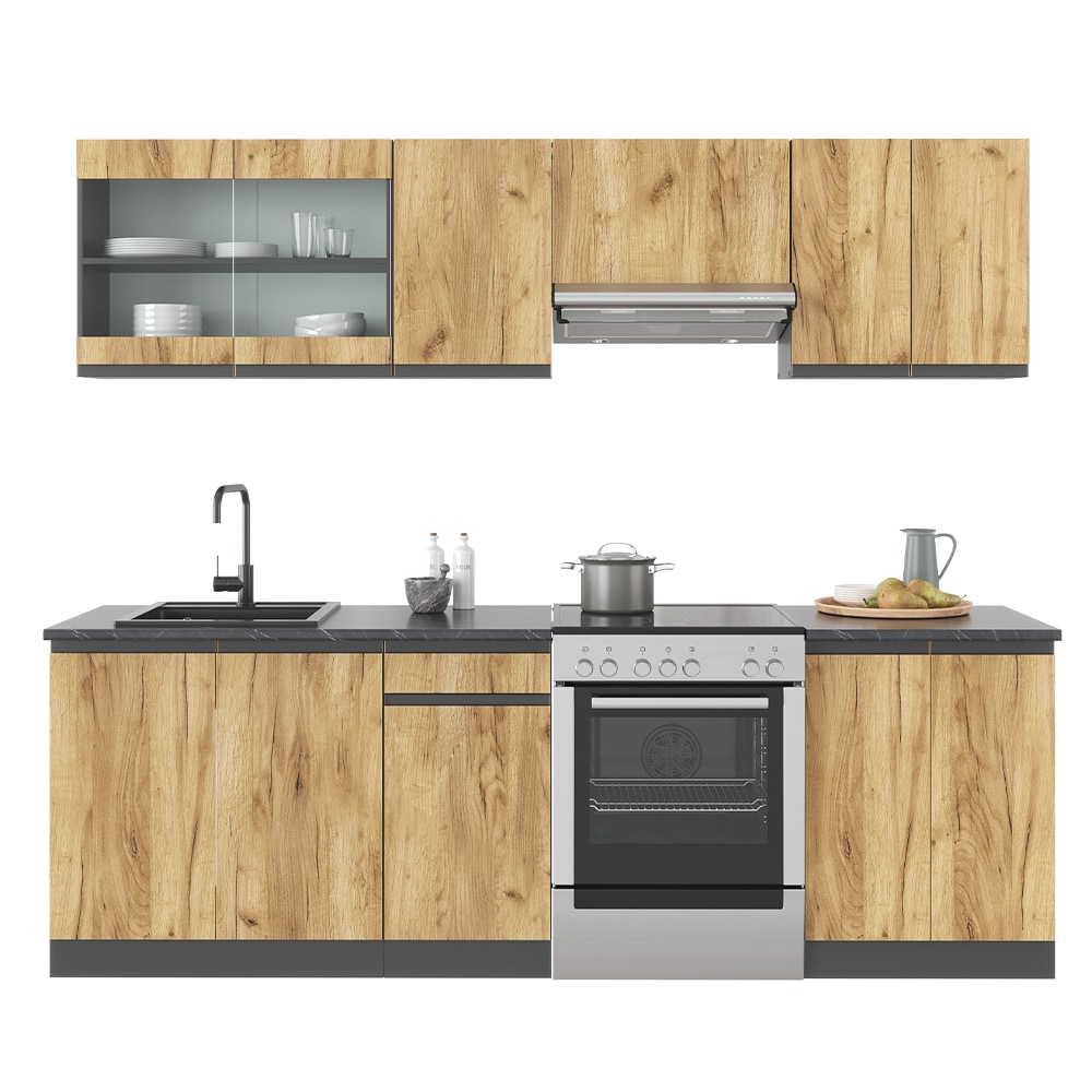 Vicco K&uuml;chenzeile Einbauk&uuml;che J-Shape Raul 240 cm K&uuml;chen Anthrazit/GKO - Bild 1