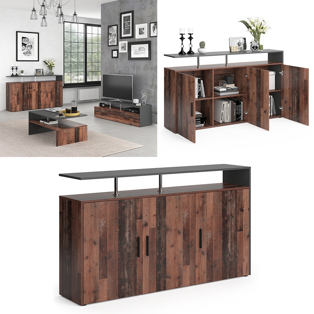 Vicco Sideboard Kommode Highborad Amato 1 Ablage 3 T&uuml;ren Anthrazit Old Style - Bild 1