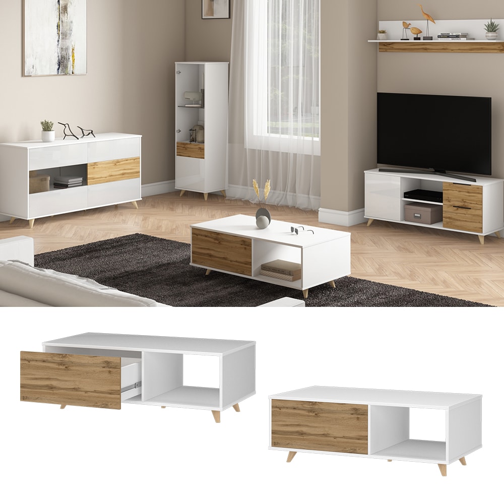 Vicco Couchtisch Sofatisch Kaffeetisch Vida Wei&szlig;/Goldkraft mit Schublade/Ablage - Bild 1