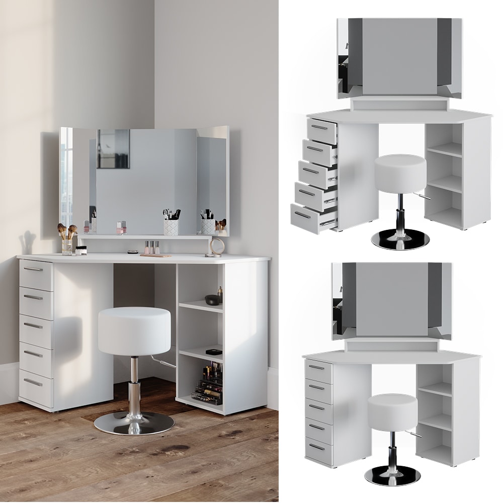 Vicco Eckschminktisch Frisiertisch Frisierkommode Sofia Wei&szlig; mit Spiegel Hocker - Bild 1