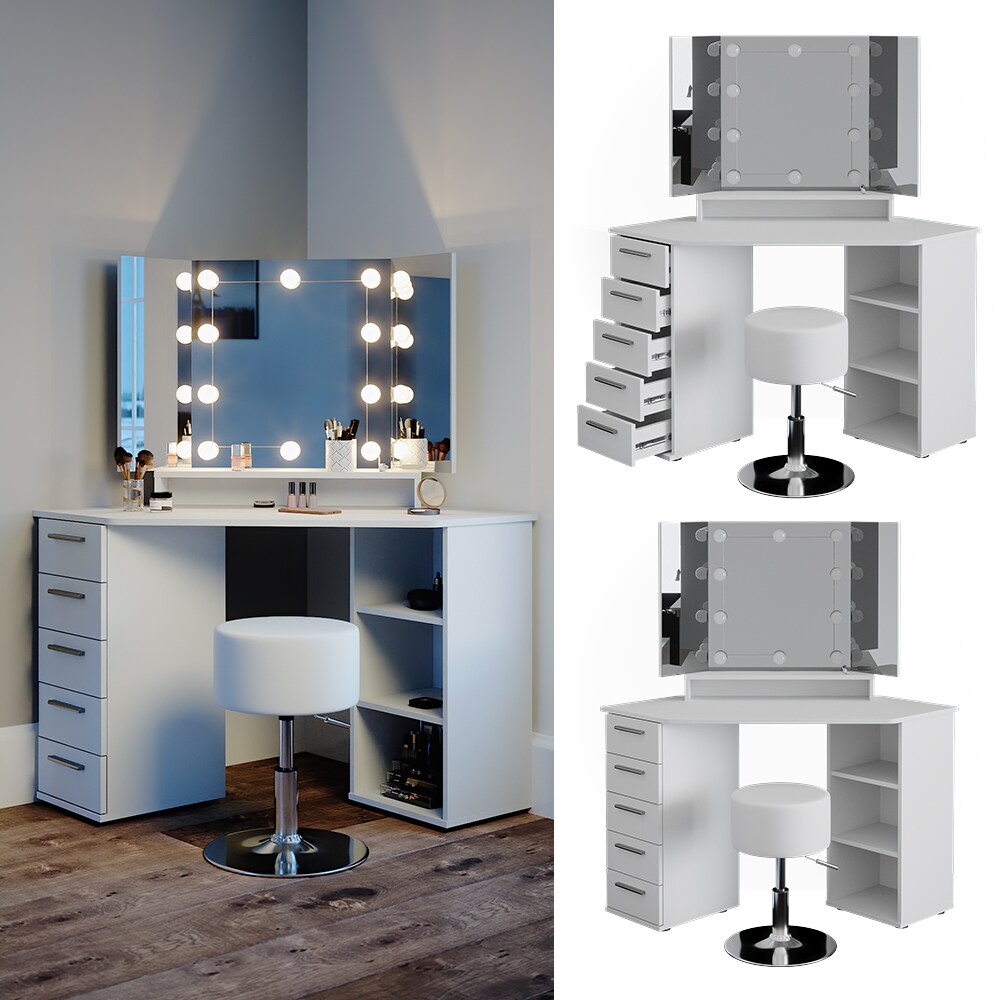 Vicco Eckschminktisch Frisiertisch Frisierkommode Sofia Wei&szlig; Spiegel LED Hocker - Bild 1