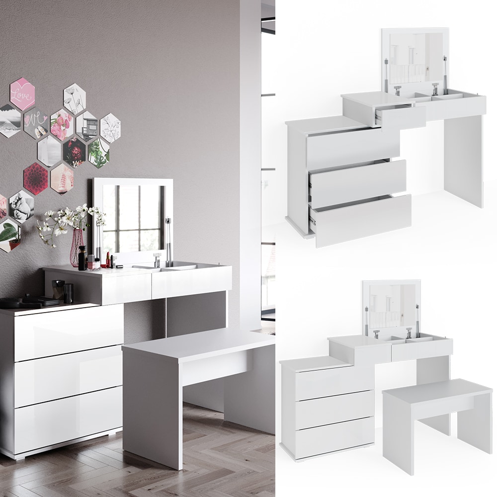 Vicco Schminktisch Frisiertisch Frisierkommode Lotos Wei&szlig; LED mit Spiegel + Bank - Bild 1