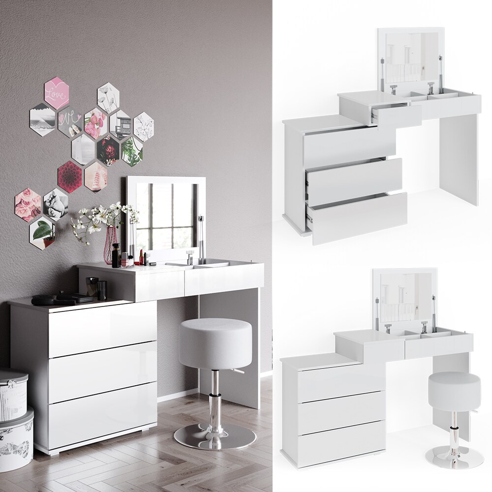 Vicco Schminktisch Frisiertisch Frisierkommode Lotos Wei&szlig; mit Spiegel + Hocker - Bild 1